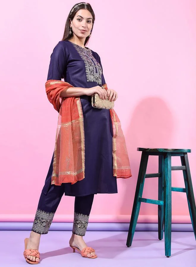 Vishudh Women Purple Embroidered Kurta Set by Styli