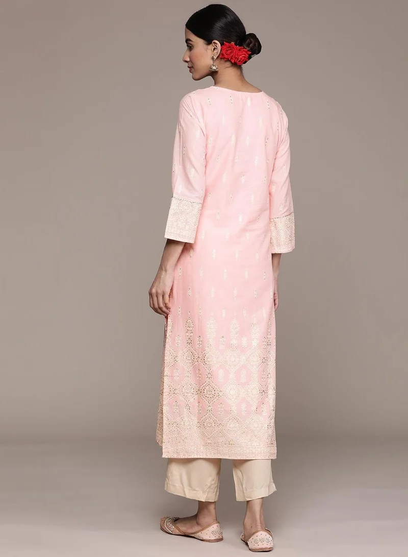 ISHIN Women's Pink 100% Cotton Embroidered Tunic Regular Fit Kurta