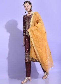Vishudh Burgundy Printed Viscose Rayon Kurta Set with Dupatta  - Image 2
