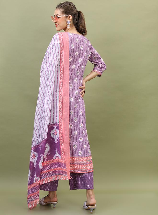 Vishudh Women Purple Floral Cotton Kurta Set by Styli  - Image 3