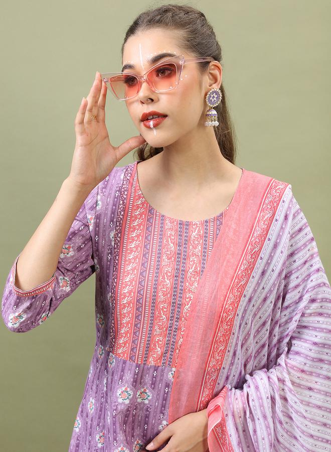 Vishudh Women Purple Floral Cotton Kurta Set by Styli  - Image 2
