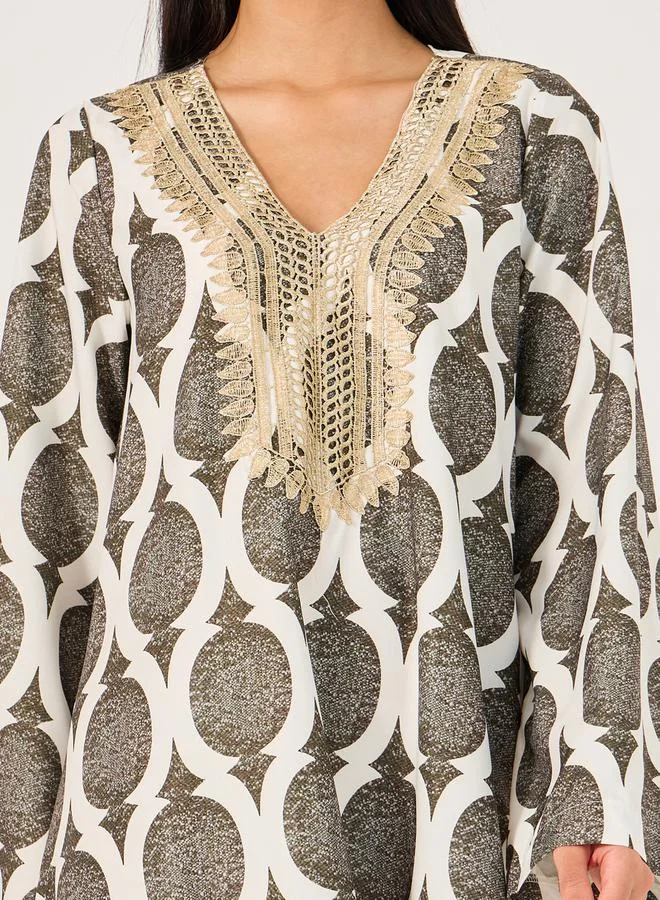 Take Two All-Over Printed Lace Detail Jalabiya by Styli