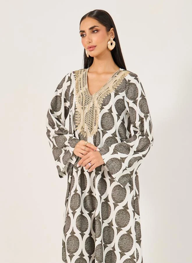 Take Two All-Over Printed Lace Detail Jalabiya by Styli