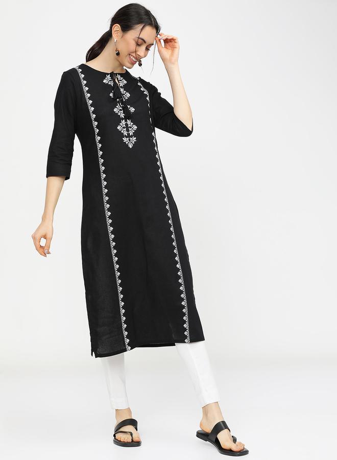 Vishudh - Women Black & White Ethnic Motifs Printed Cotton Kurta by Styli - Image 1