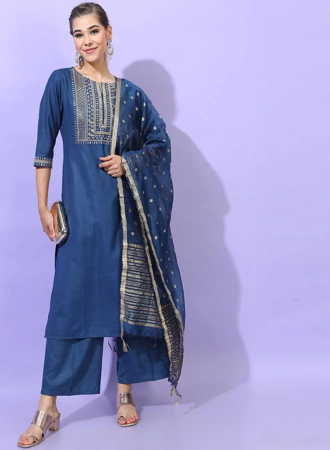 Vishudh Women Teal Embroidered Kurta Set with Dupatta by Styli