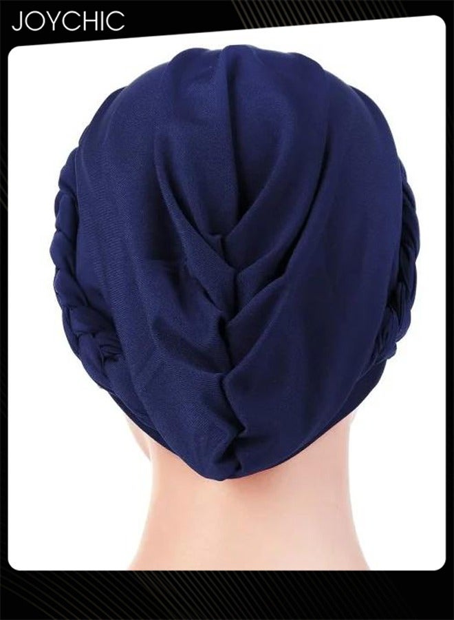 Joychic قبعة توربان نسائية ربيعية خريفية باللون navy مع لفات وخرز وضفائر، موضة إسلامية مسلمة، حجاب يمتص الرطوبة للنساء والفتيات - Image 4