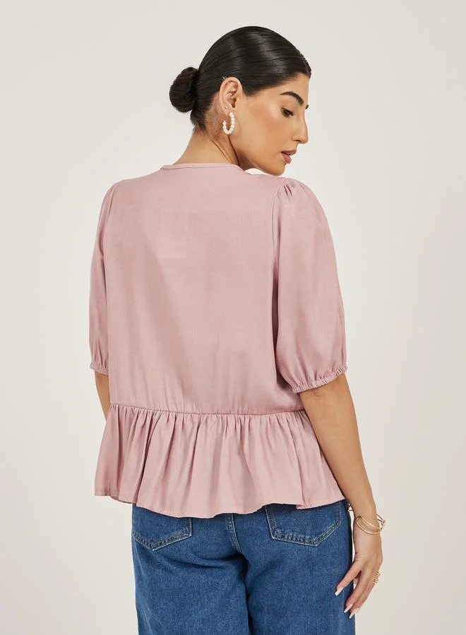 Styli Puff Sleeves Ruffled Hem Peplum Top with Tie-Up Detail