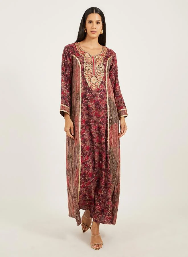 Maxim Creation Printed Embroidered Sweat Heart Neck Kaftan