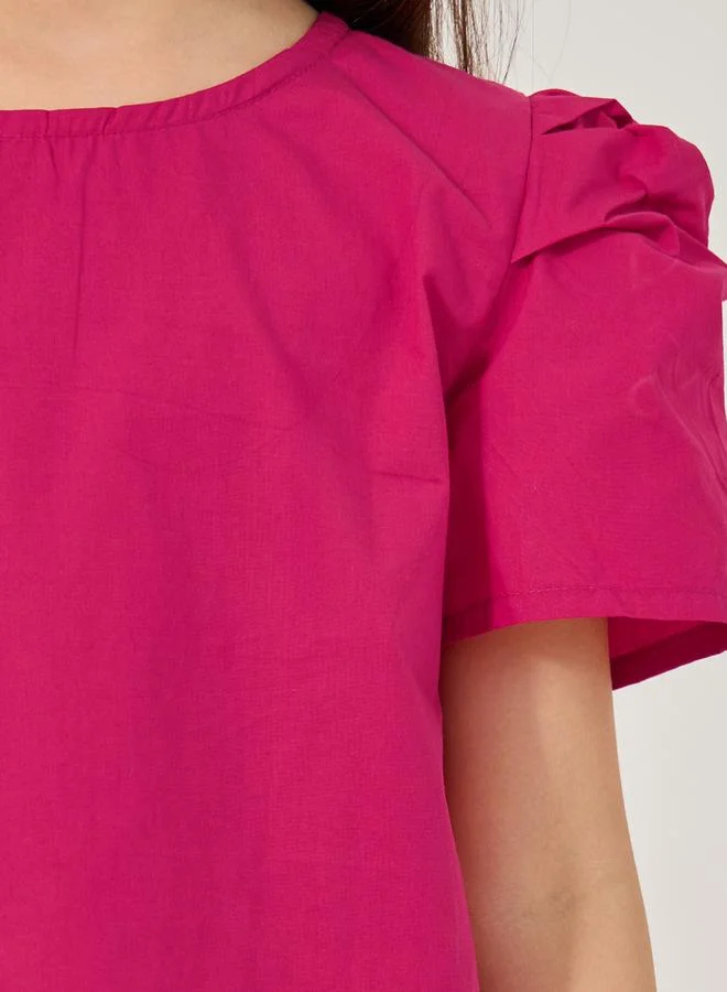 Styli Solid Puff Sleeves Top with Button Closure
