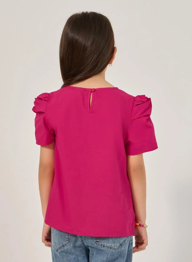 Styli Solid Puff Sleeves Top with Button Closure