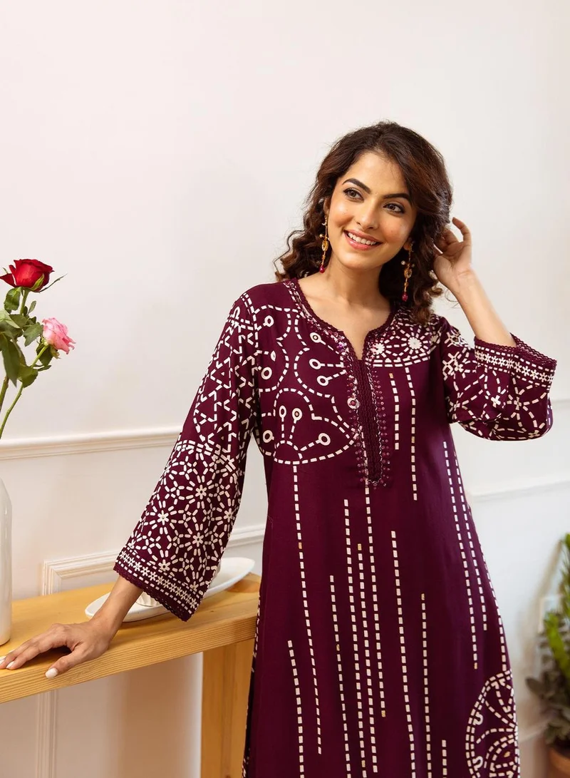 آي شين Women WINE Rayon 2 Pcs Kurta Set