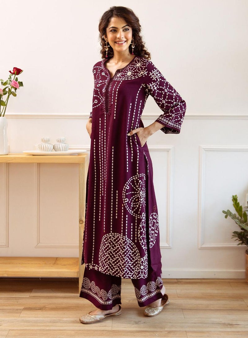 ISHIN Women's Wine Rayon Embellished Tunic Full Length Palazzo Straight Fit Kurta Set  - Image 2