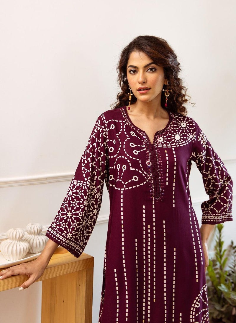 ISHIN Women's Wine Rayon Embellished Tunic Full Length Palazzo Straight Fit Kurta Set  - Image 5