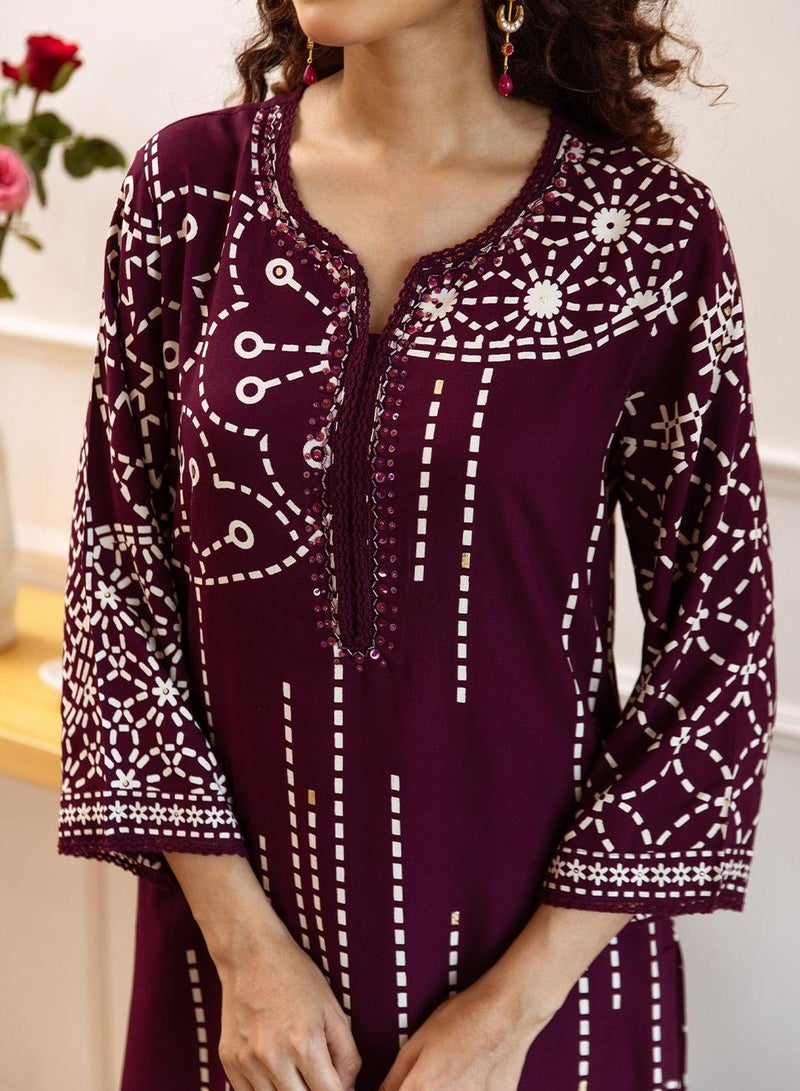 ISHIN Women's Wine Rayon Embellished Tunic Full Length Palazzo Straight Fit Kurta Set  - Image 3
