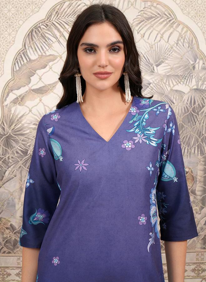Vishudh - Purple Floral Printed Straight Kurta by Styli - Image 1