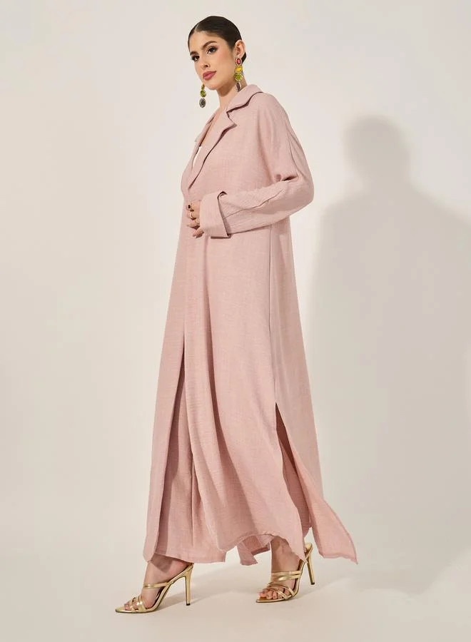 Styli collar style regular fit abaya with wide leg pants modest set