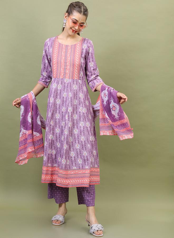 Vishudh Women Purple Floral Cotton Kurta Set by Styli  - Image 5