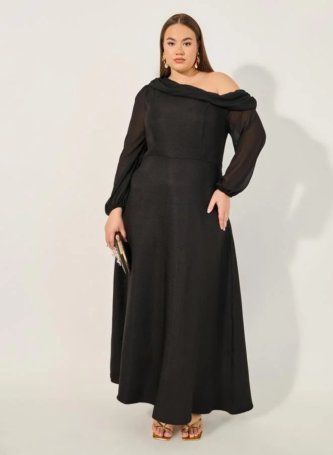 ستايلي Plus Size Asymmetric Neckline Balloon Sleeve A-Line Maxi Dress