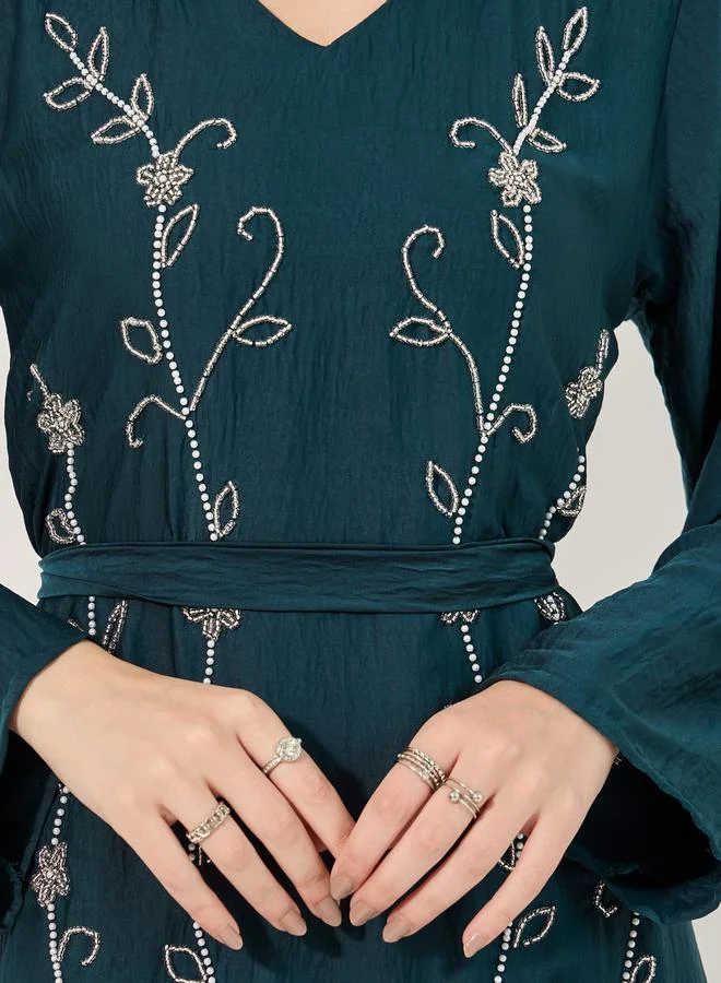 Styli hand embroidery jalabiya with beads and sequins in flowy soft fabric