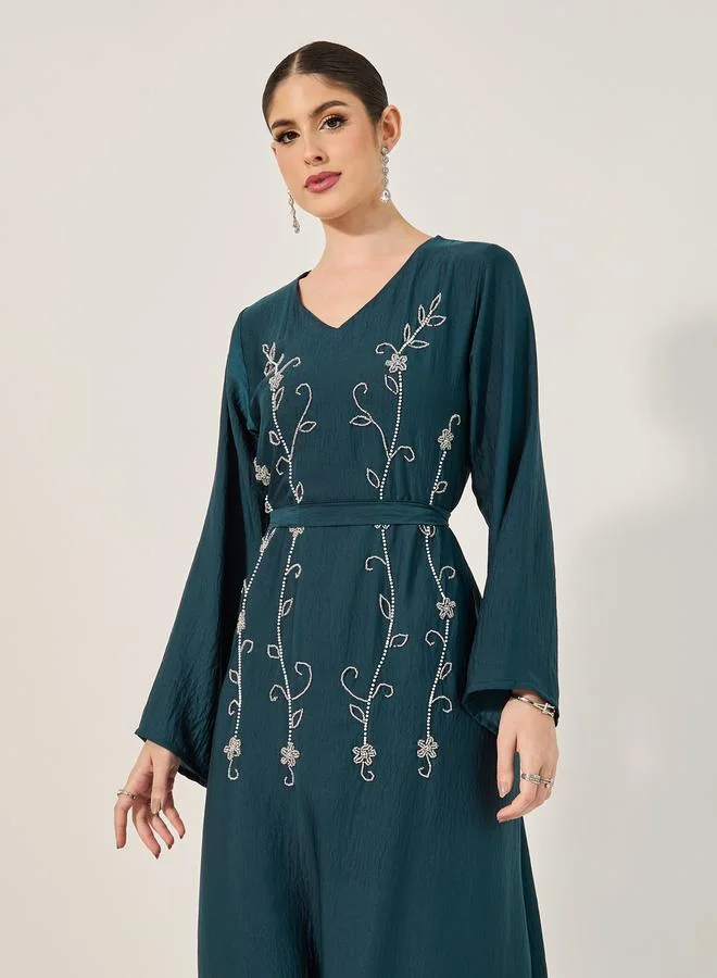 Styli hand embroidery jalabiya with beads and sequins in flowy soft fabric