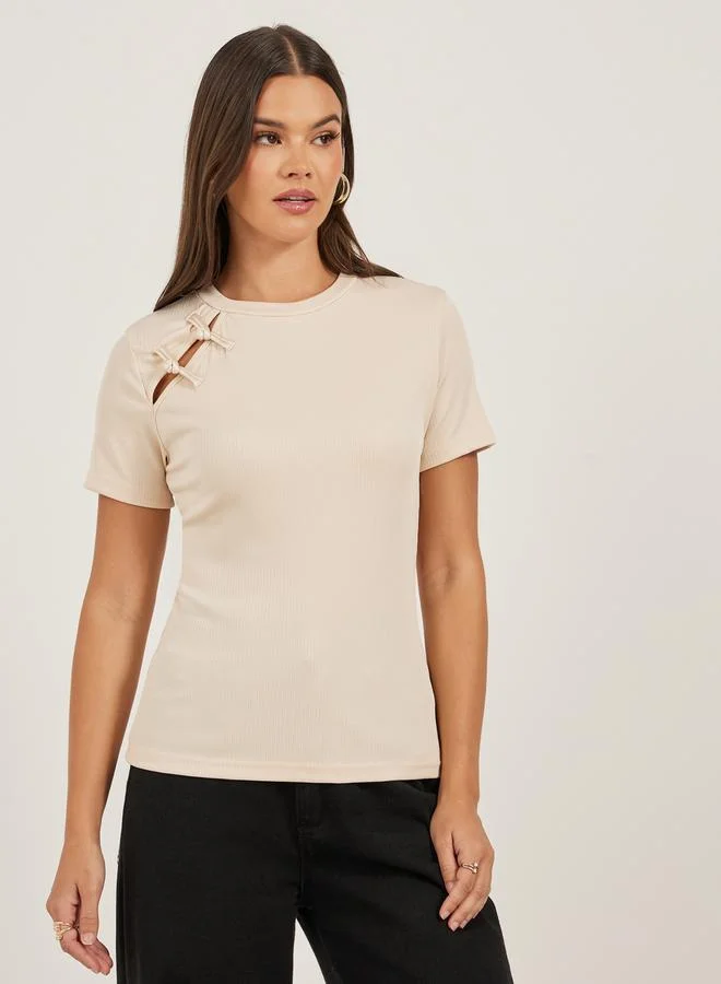 Styli Textured Bow Detail Round Neck T-Shirt