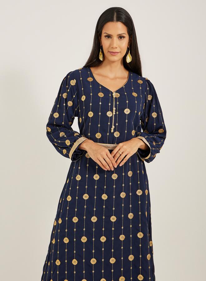 Maxim Creation Embroidered V-Neck A-Line Kaftan with Belt by Styli  - Image 3