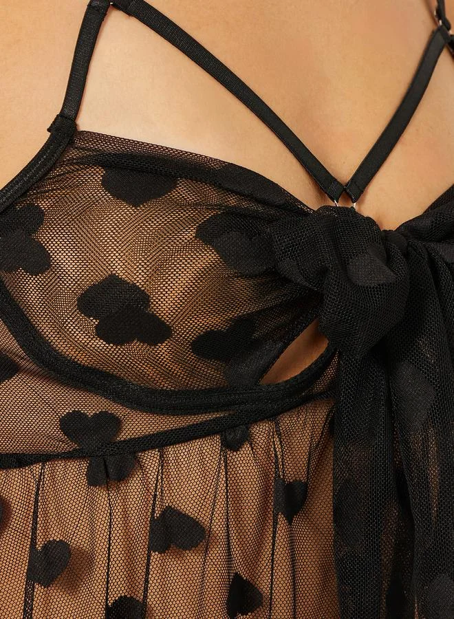 ستايلي Styli Heart Design Bow Detail Mesh Babydoll