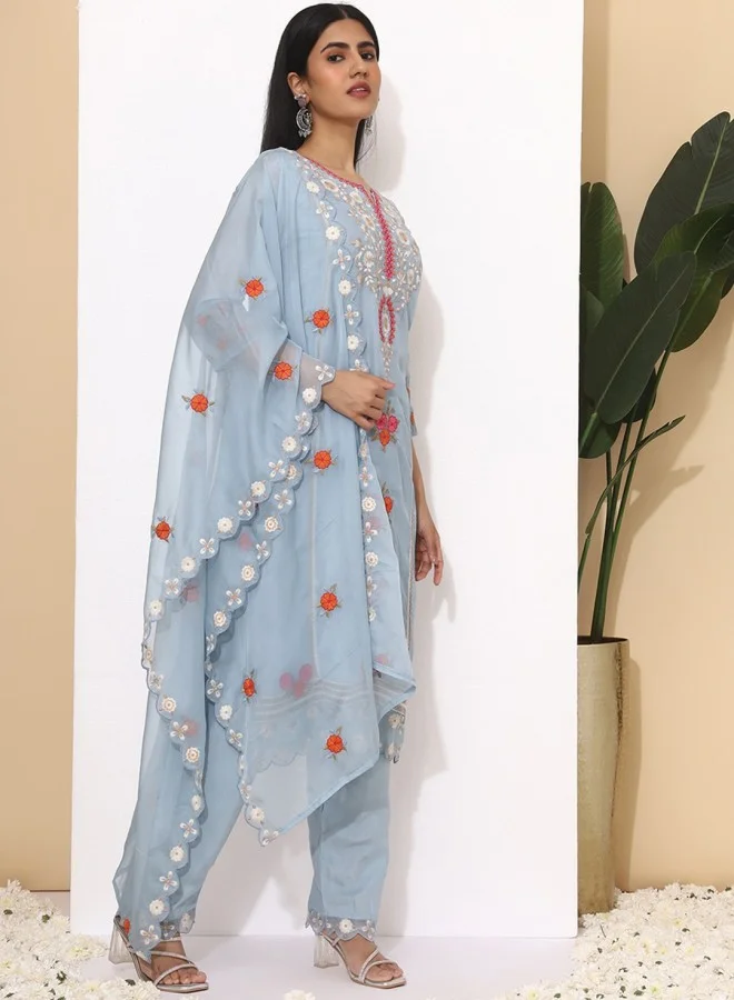آي شين Straight Fit Embroidered Pattern Round Neck Three-Quarter Sleeves Sky Blue Colour Knitted Cotton Kurta Set for Women with Semi Elastic Closure - Designed with Style and Comfort