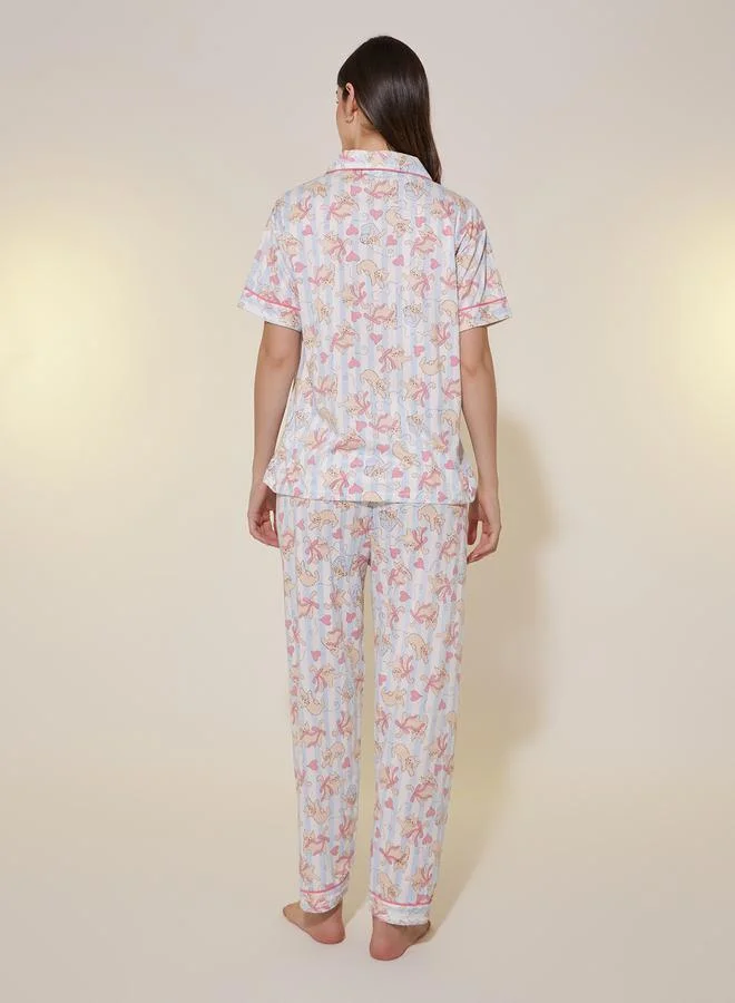 Take Two Cat Printed Short Sleeve Shirt, Shorts and Pyjama Set