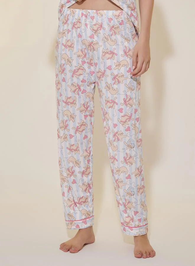 Take Two Cat Printed Short Sleeve Shirt, Shorts and Pyjama Set