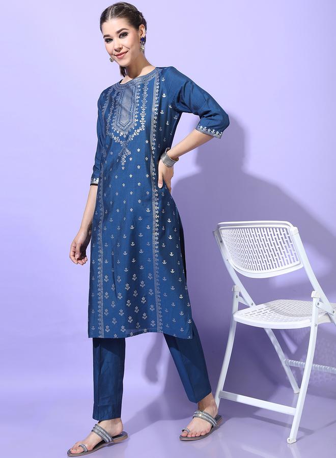 Vishudh Women Teal Blue Printed Kurta with Trousers by Styli  - Image 5