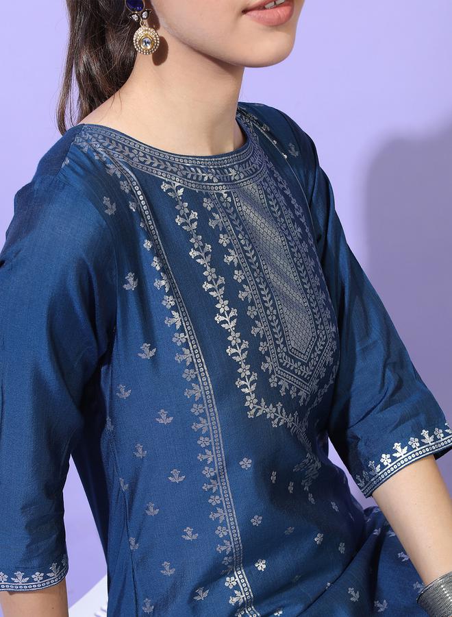 Vishudh Women Teal Blue Printed Kurta with Trousers by Styli  - Image 4