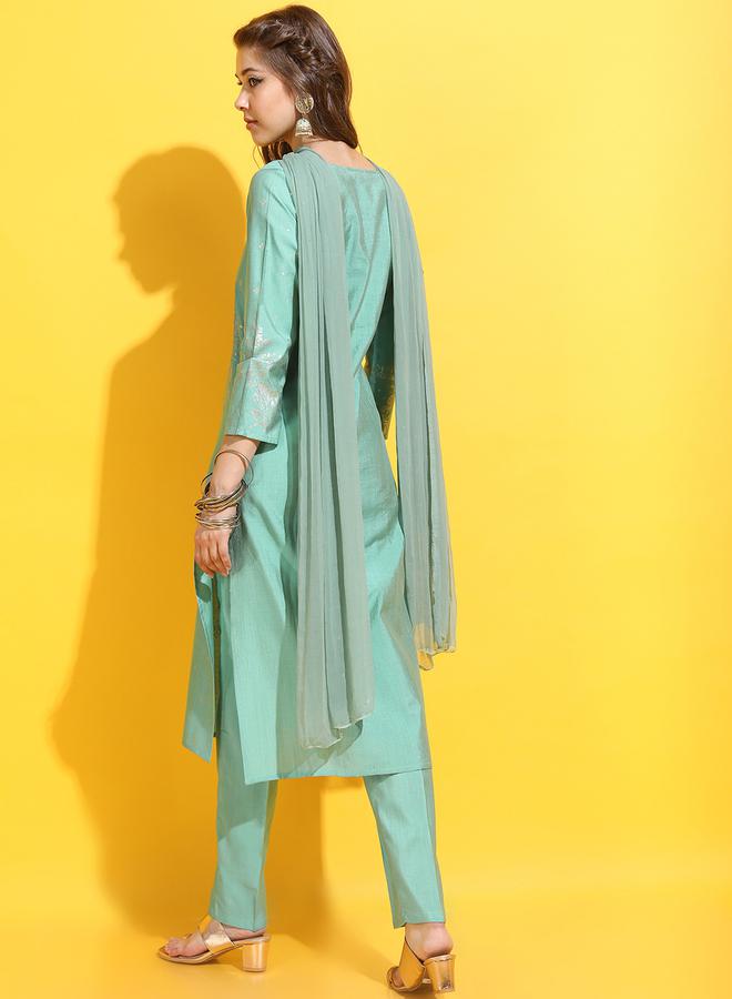Vishudh Women Green Printed Viscose Kurta Set by Styli  - Image 3
