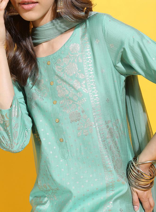 Vishudh Women Green Printed Viscose Kurta Set by Styli  - Image 4
