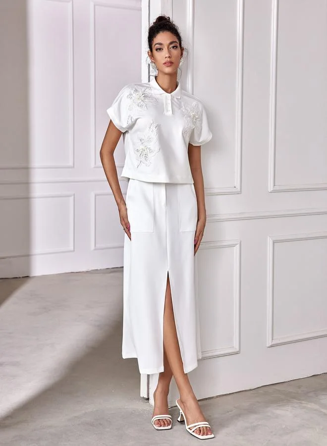 Styli Styli Floral Embroidered Polo Collar Short Sleeve Top