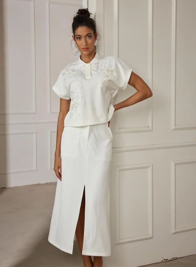 Styli Styli Floral Embroidered Polo Collar Short Sleeve Top