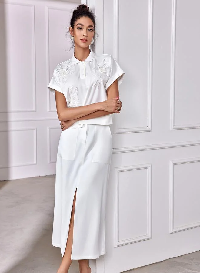 Styli Styli Floral Embroidered Polo Collar Short Sleeve Top