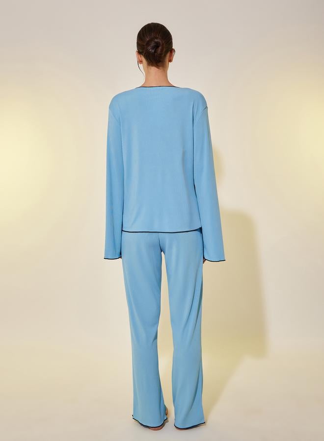 Take Two Ribbed Contrast Trim Long Sleeve Shirt and Pyjama Set  - Image 5