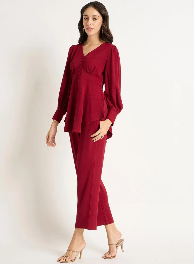 Femmella Bishop Sleeve V-Neck Top with Straight Pants Co-Ords by Styli