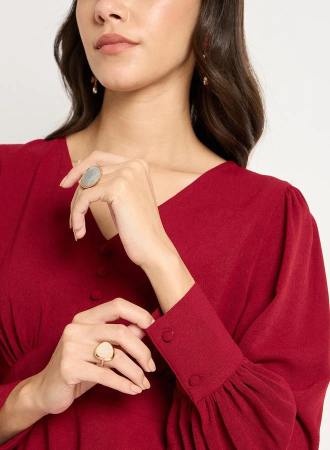 Femmella Bishop Sleeve V-Neck Top with Straight Pants Co-Ords by Styli
