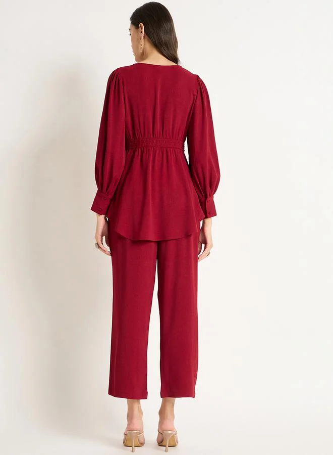 Femmella Bishop Sleeve V-Neck Top with Straight Pants Co-Ords