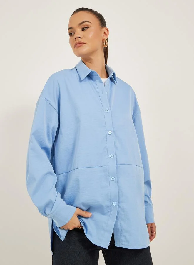 Styli Solid Oversized Spread Collar Longline Shirt