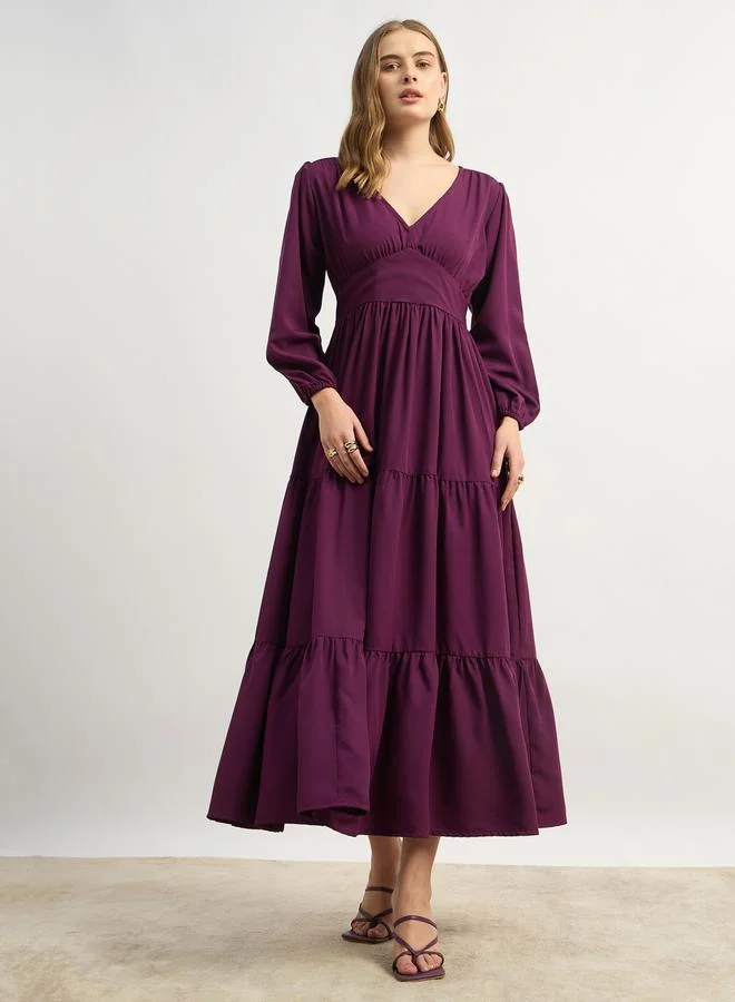 Styli Balloon Sleeve V-Neck Tiered A-Line Maxi Dress