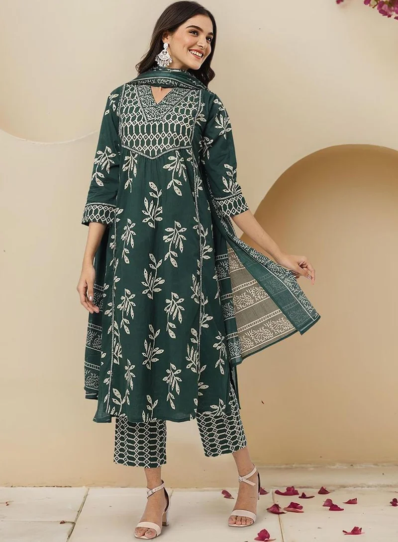 آي شين Women's Bottle Green 100% Cotton Embellished Tunic Full Length Casual Straight Fit Kurta Set