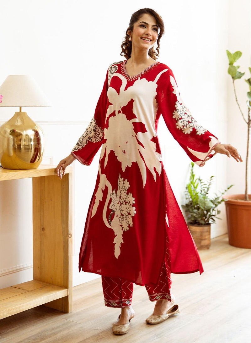 ISHIN Women's Red Rayon Embellished Tunic Full Length Palazzo Straight Fit Kurta Set  - Image 3