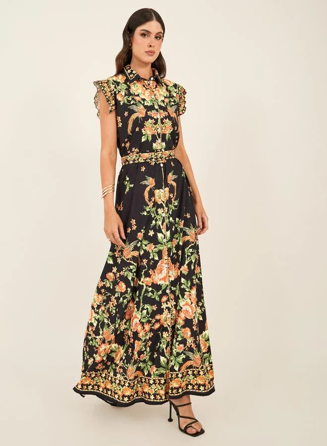 ستايلي Floral Print Sleeveless Shirt Maxi Dress