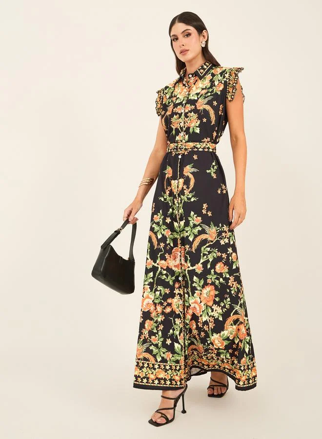 ستايلي Floral Print Sleeveless Shirt Maxi Dress