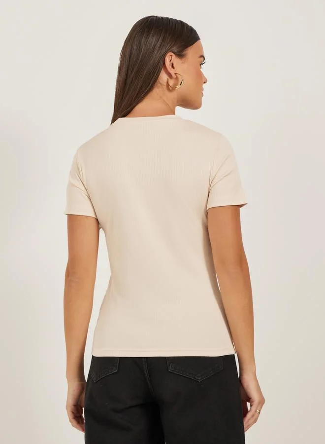 Styli Textured Bow Detail Round Neck T-Shirt