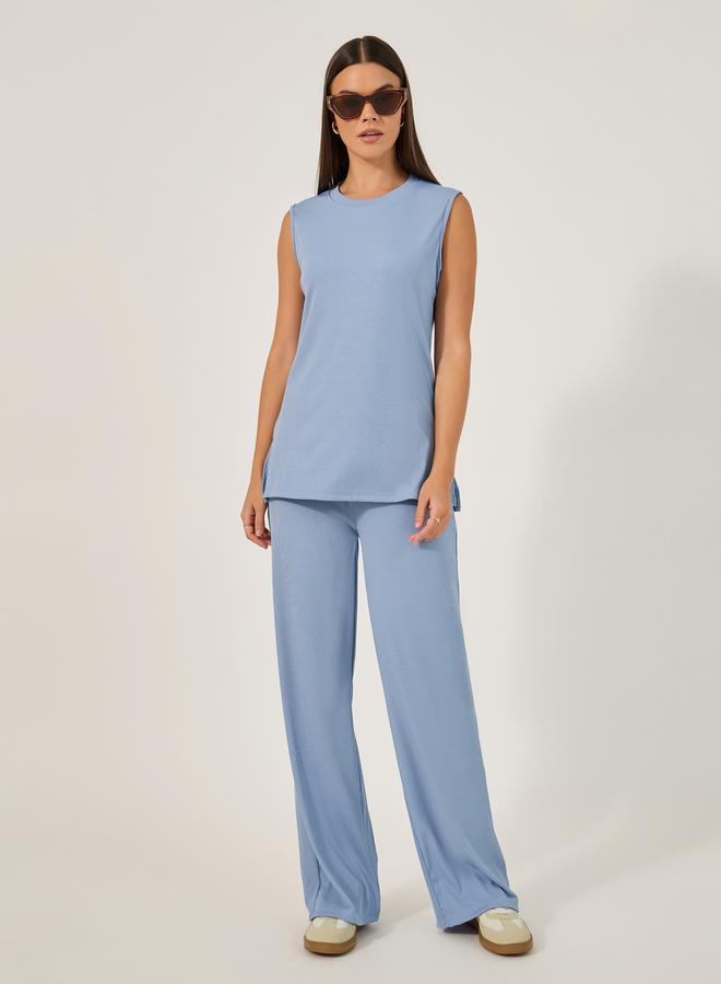 Styli Sleeveless Rib Knit Top with Wide Leg Joggers Co-ord Set  - Image 2
