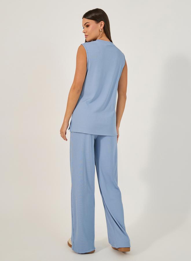 Styli Sleeveless Rib Knit Top with Wide Leg Joggers Co-ord Set  - Image 5